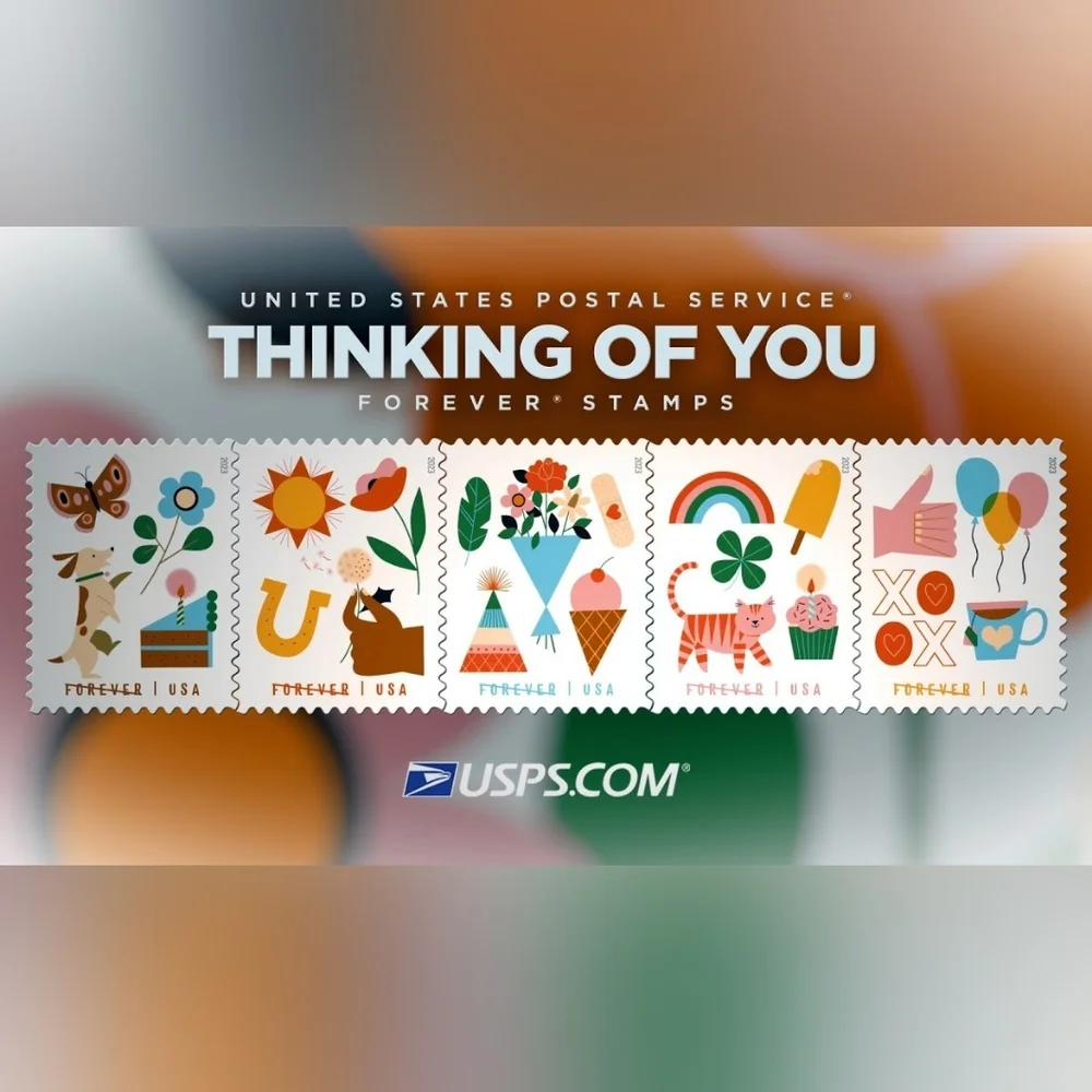 100 New‎ 2023 Thinking Of You USPS Forever Stamps With Bonus Stickers Fun Lucky